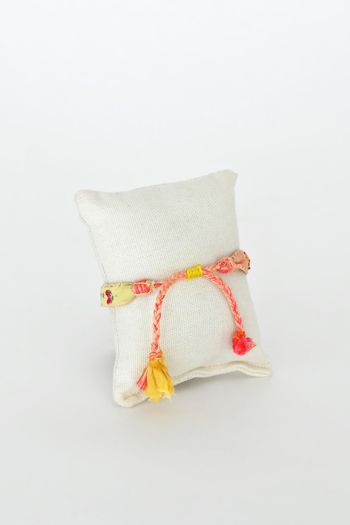 Closure of Yellow and Pink Embroidered Bracelet with Vintage Beads by Antomoon at Abacus Row Handmade Jewelry