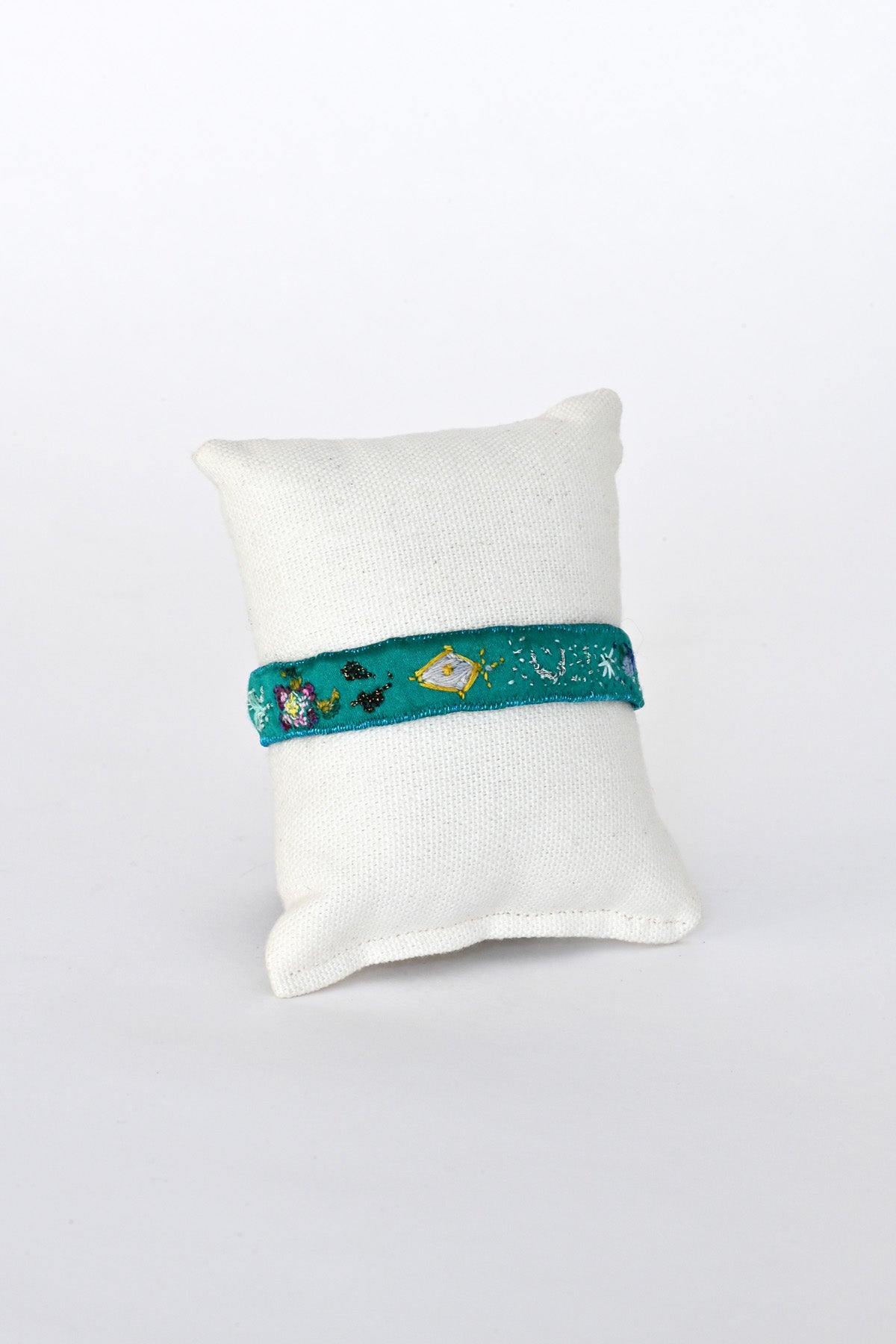 Front of Deep Teal Embroidered Bracelet by Antomoon at Abacus Row Handmade Jewelry