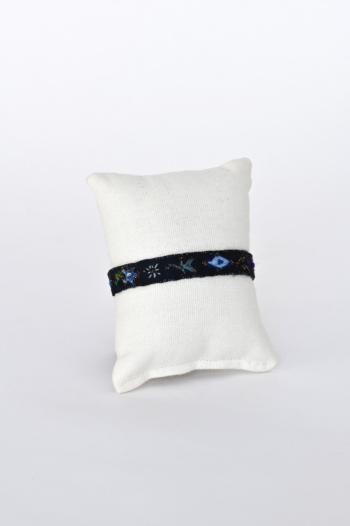 Front of Dark Blue Embroidered Bracelet by Antomoon at Abacus Row Handmade Jewelry