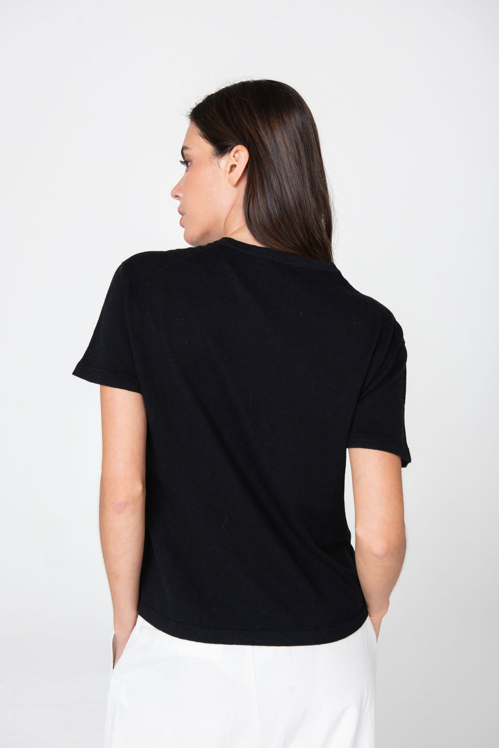 Back Styled Black Linen Tee by Lao Lao at Abacus Row Handmade Jewelry