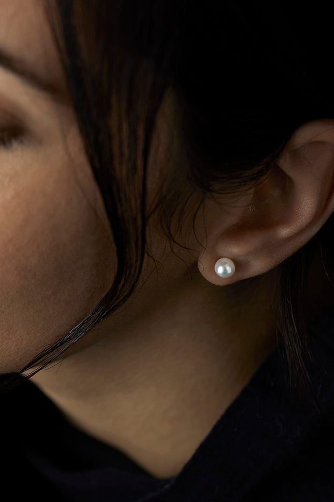 Modeled 6mm Akoya Pearl Stud Earrings by Satomi Kawakita at Abacus Row Handmade Jewelry