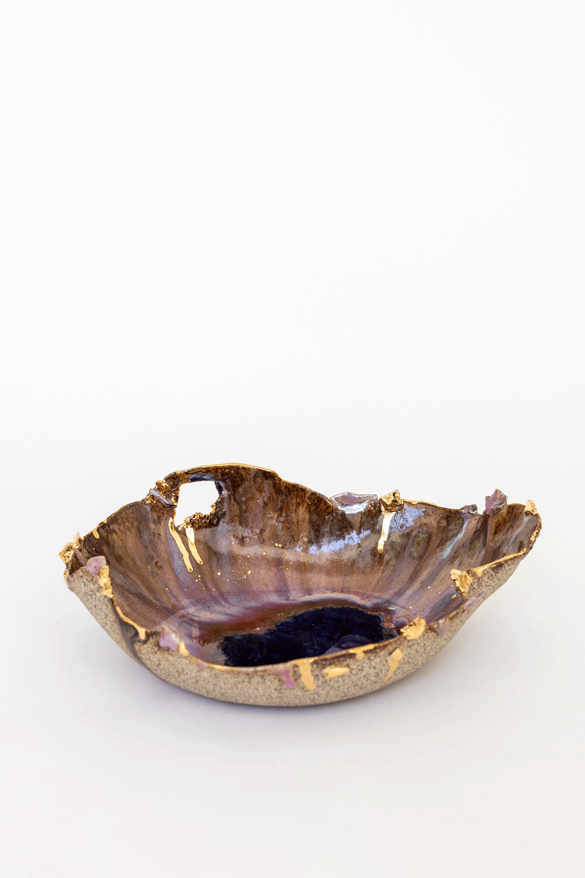 Large Pink Aurora with Gold Iceland Dilapidated Bowl by Minh Singer at Abacus Row Handmade Jewelry