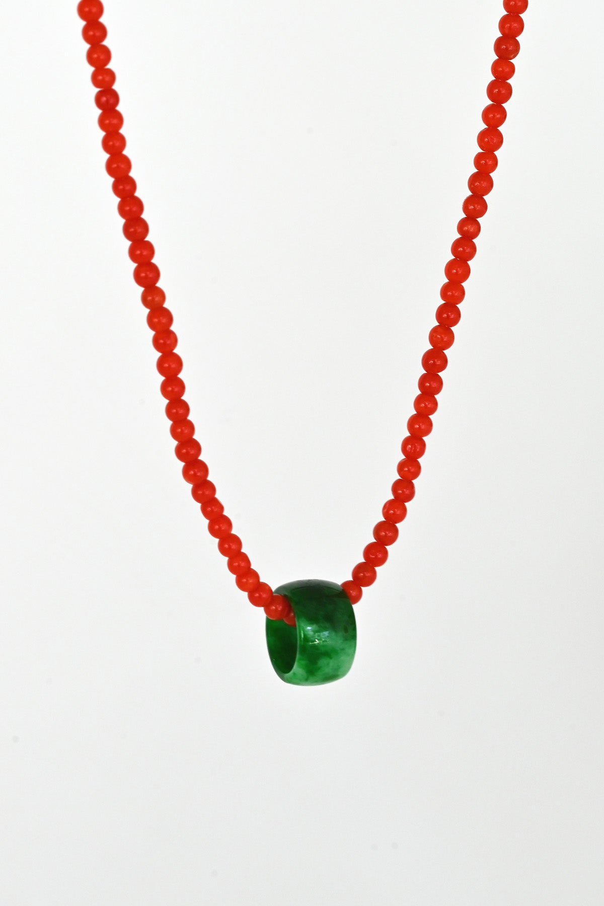 Beaded Coral Necklace with Jade Pendant at Abacus Row Jewelry