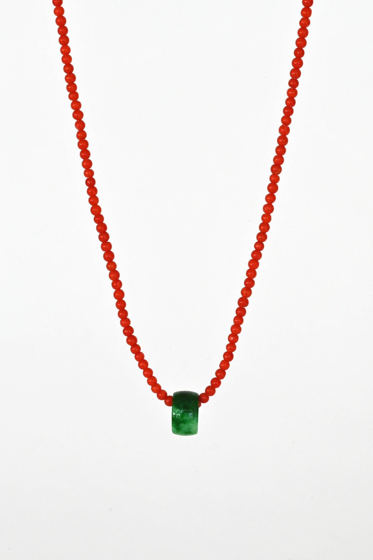 Beaded Coral Necklace with Jade Pendant at Abacus Row Handmade Jewelry
