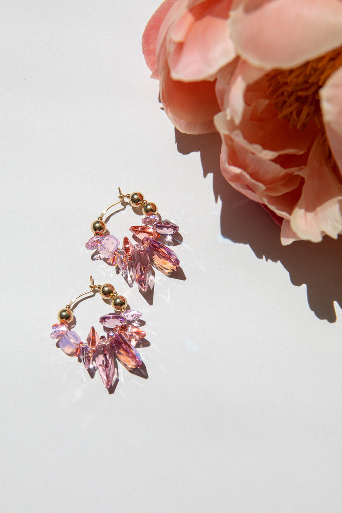 Camellia Earrings with flower in the Garden Collection at Abacus Row Handmade Jewelry