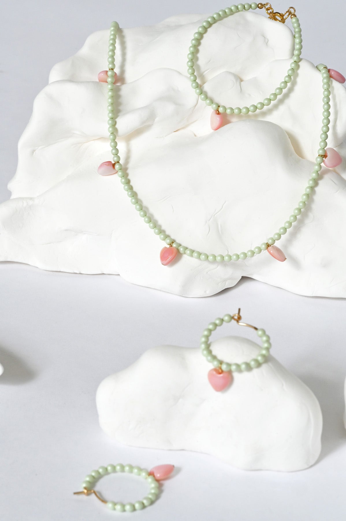 Dream Cloud Green Forever Hearts Necklace and matching bracelet and earrings by Abacus Row Handmade Jewelry