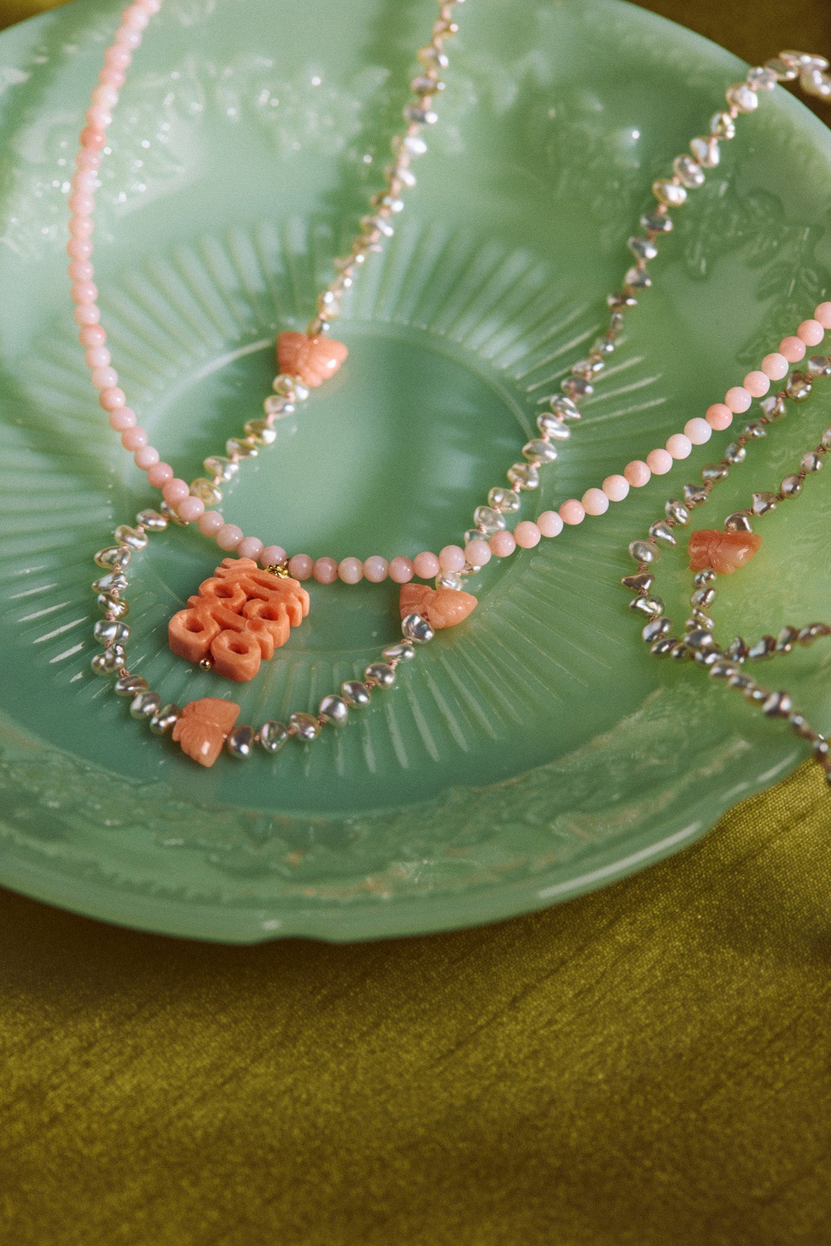 Mai Opal Coral Double Happiness Necklace at Abacus Row Handmade Jewelry
