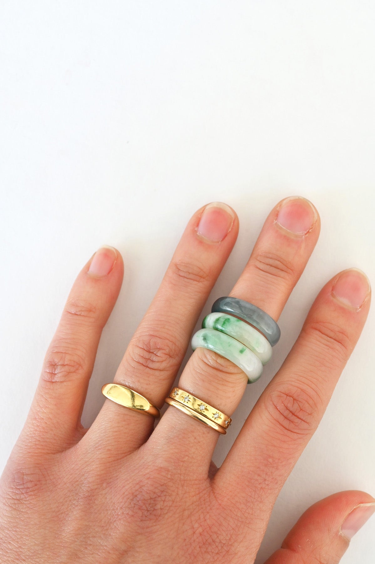Modeled Mai Jade Rings at Abacus Row Handmade Jewelry