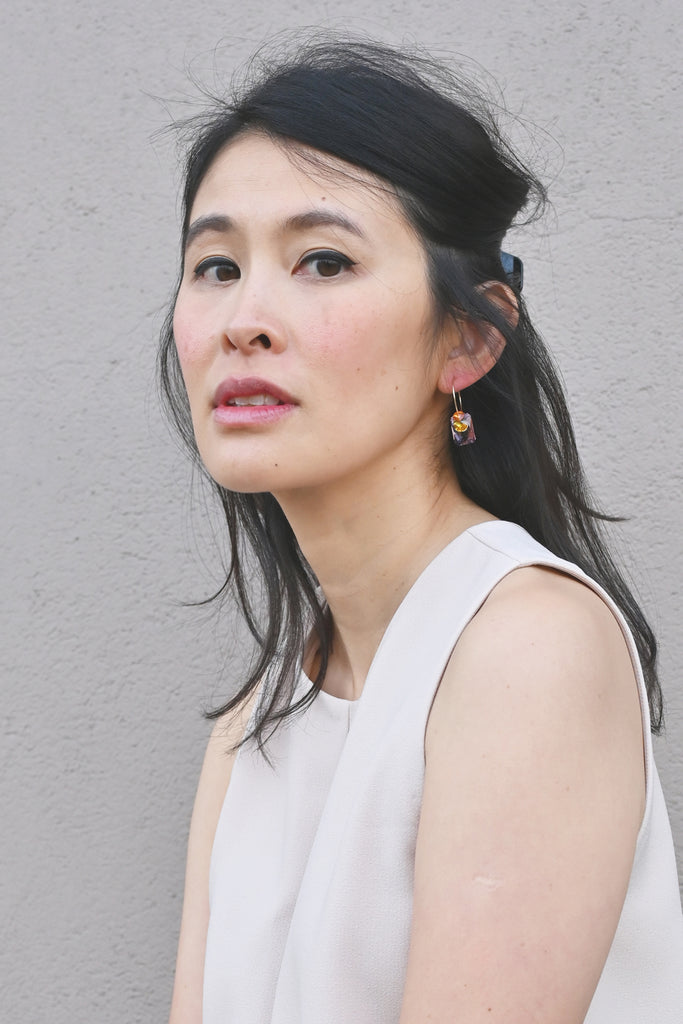 Sweet Pea Hoop Earrings No 13 in the Garden Collection on Model at Abacus Row Handmade Jewelry