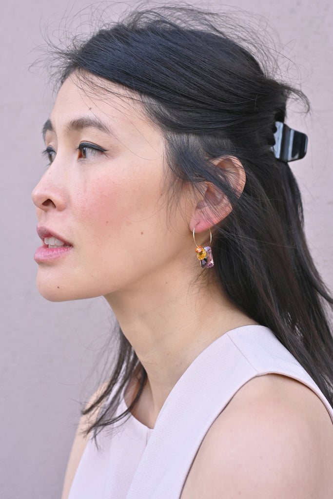 Sweet Pea Hoop Earrings No13 in the Garden Collection on Model at Abacus Row Handmade Jewelry