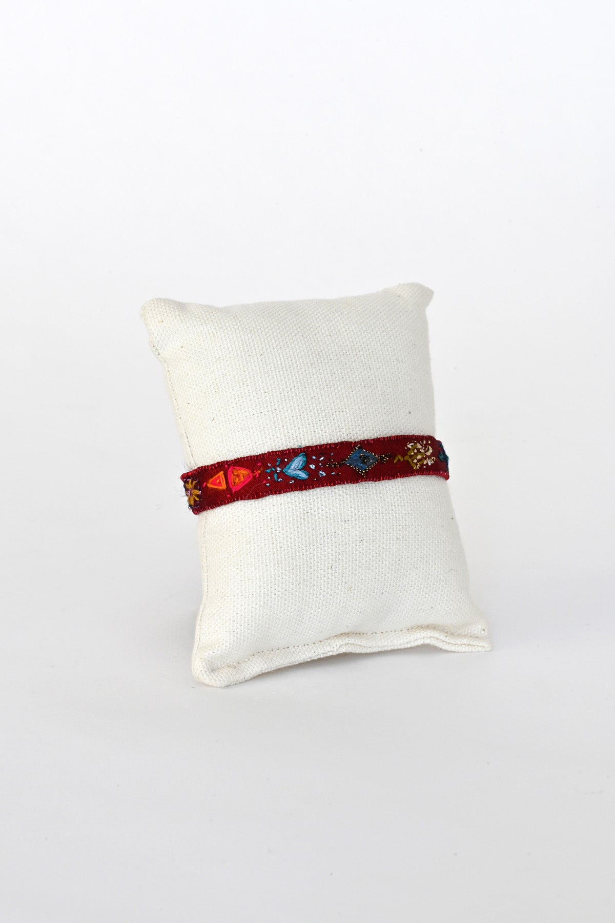 Front of Deep Red Embroidered Bracelet by Antomoon at Abacus Row Jewelry