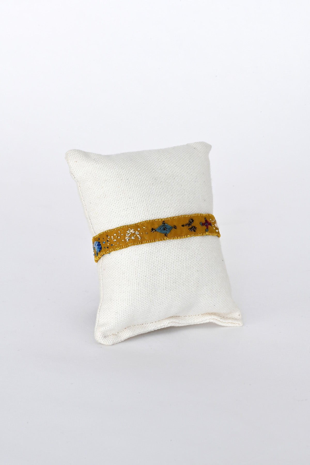 Front of Mustard Yellow Embroidered Bracelet by Antomoon at Abacus Row Handmade Jewelry