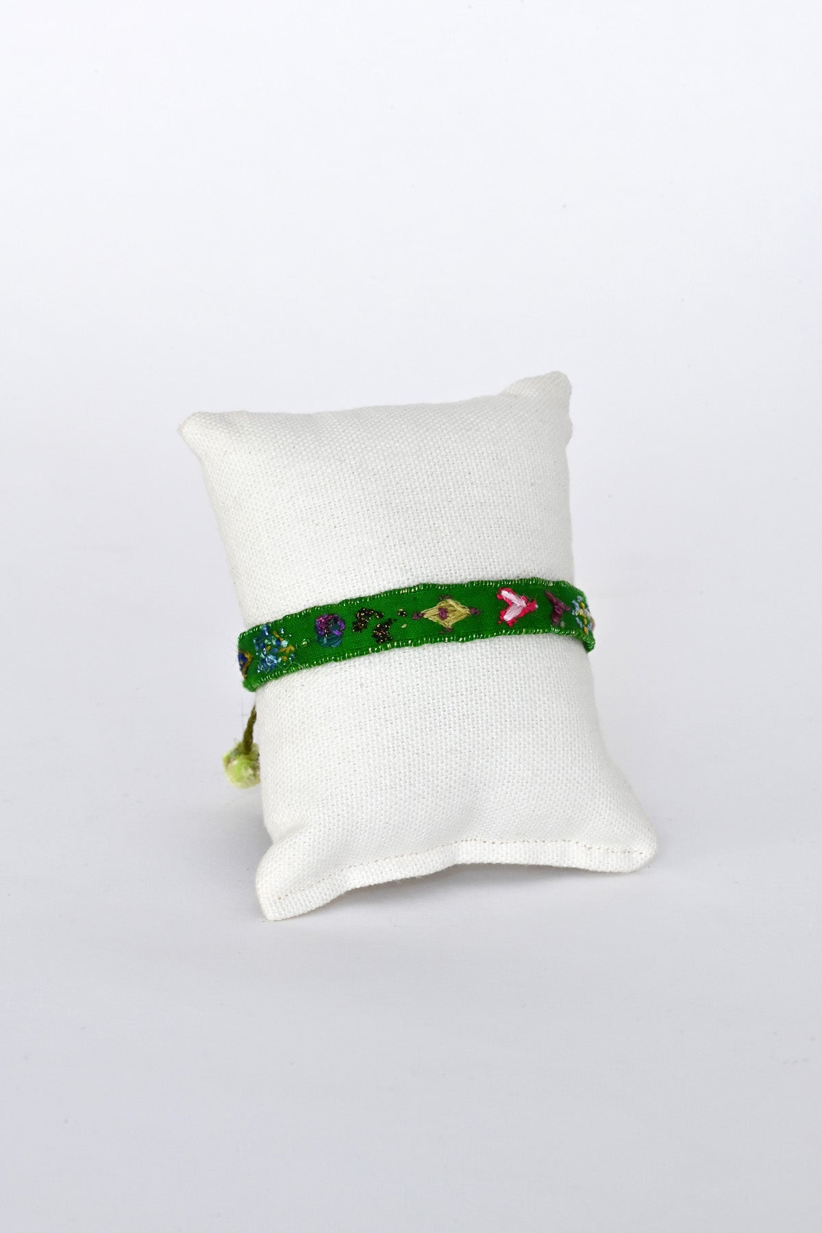 Front of Vibrant Green Embroidered Bracelet by Antomoon at Abacus Row Handmade Jewelry
