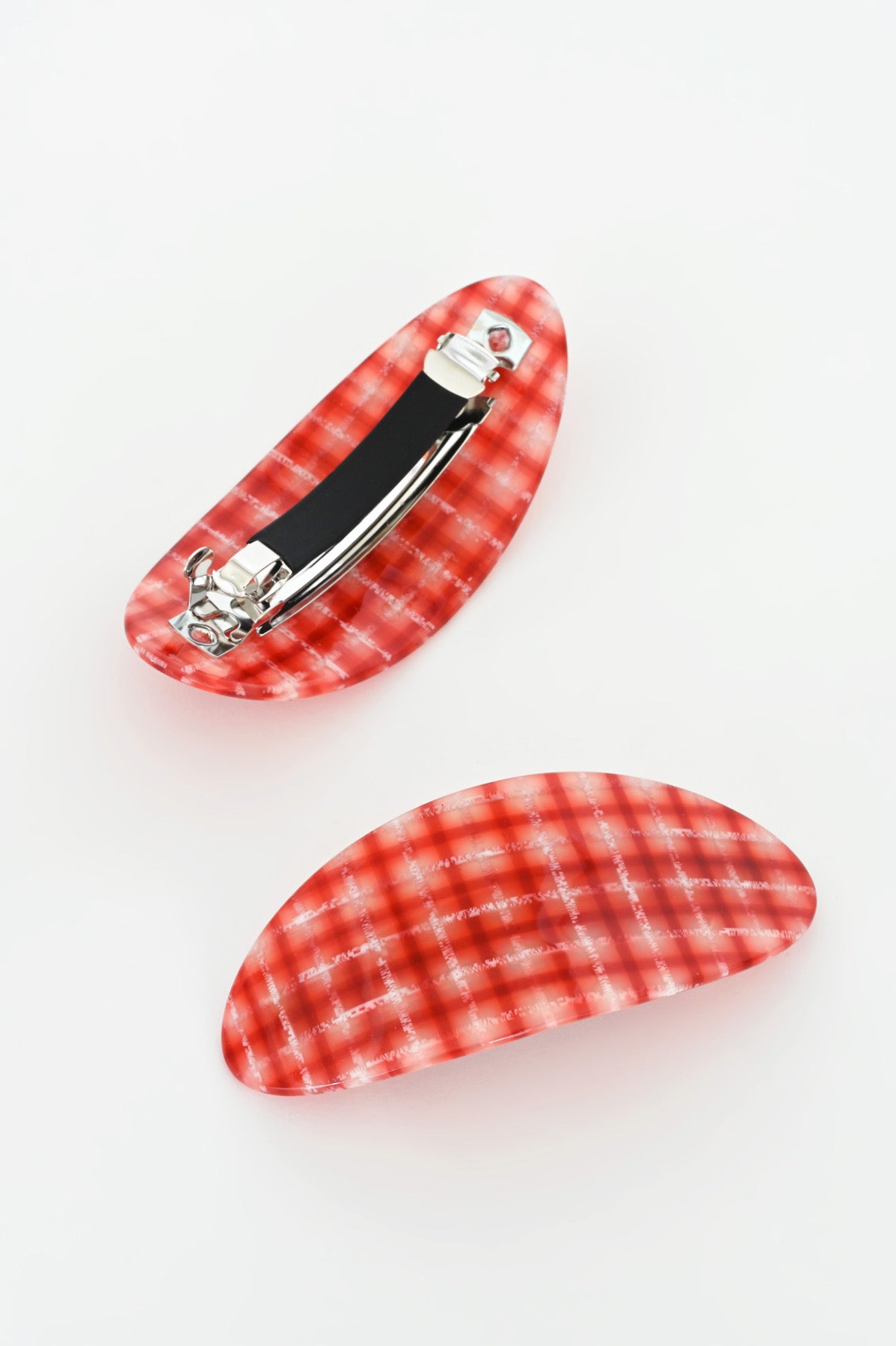 Red Plaid Oval Barrettes by Chunks at Abacus Row Jewelry