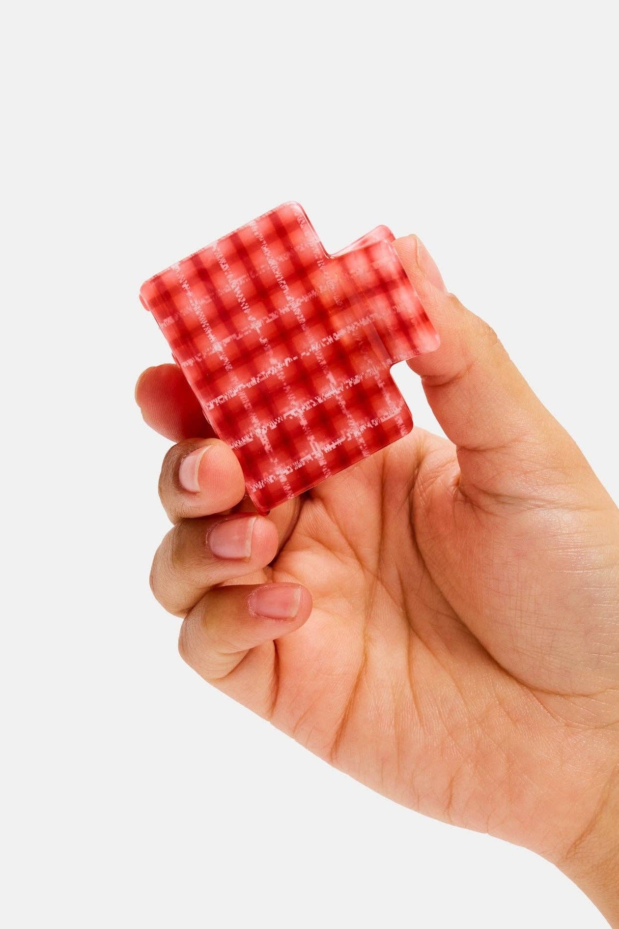 Midi Red Plaid Box Claw in hand by Chunks at Abacus Row Jewelry