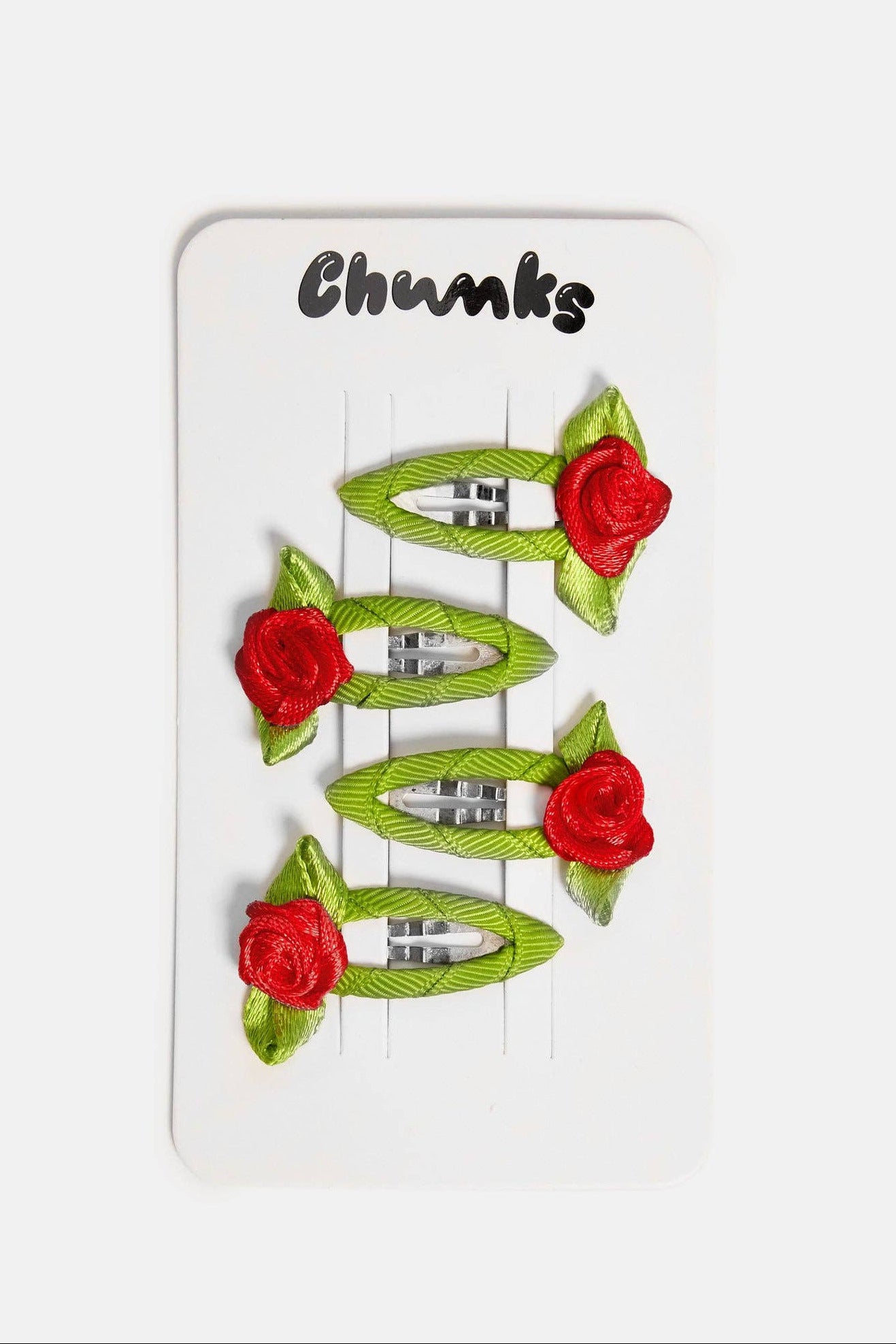 Red Rosette Snap Clips packaging by Chunks at Abacus Row Jewelry