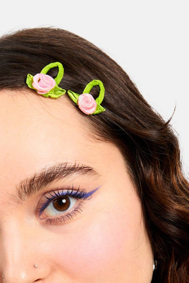 Styled Blush Rosette Snap Clips by Chunks at Abacus Row Jewelry