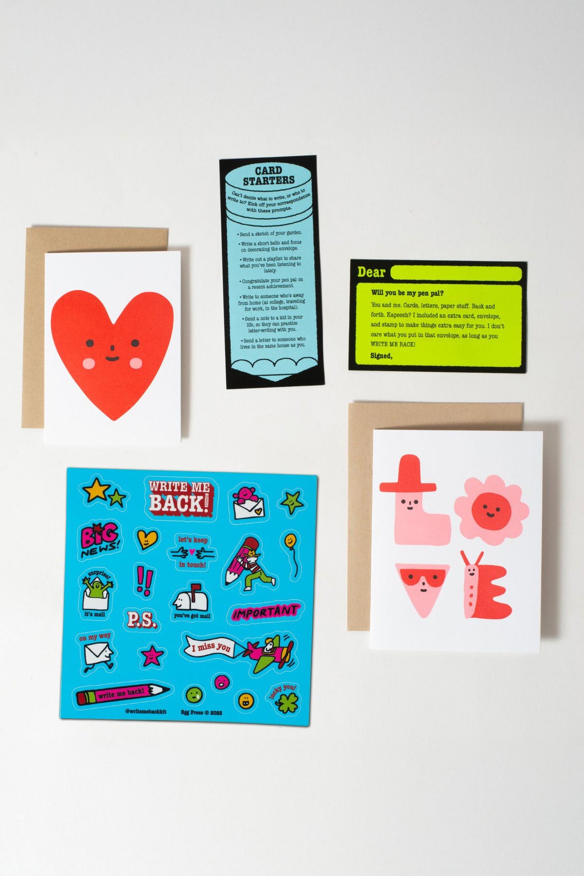 Love and Heart Friend Write Me Back pen pal Kit contents by Egg Press MFG at Abacus Row Handmade Jewelry