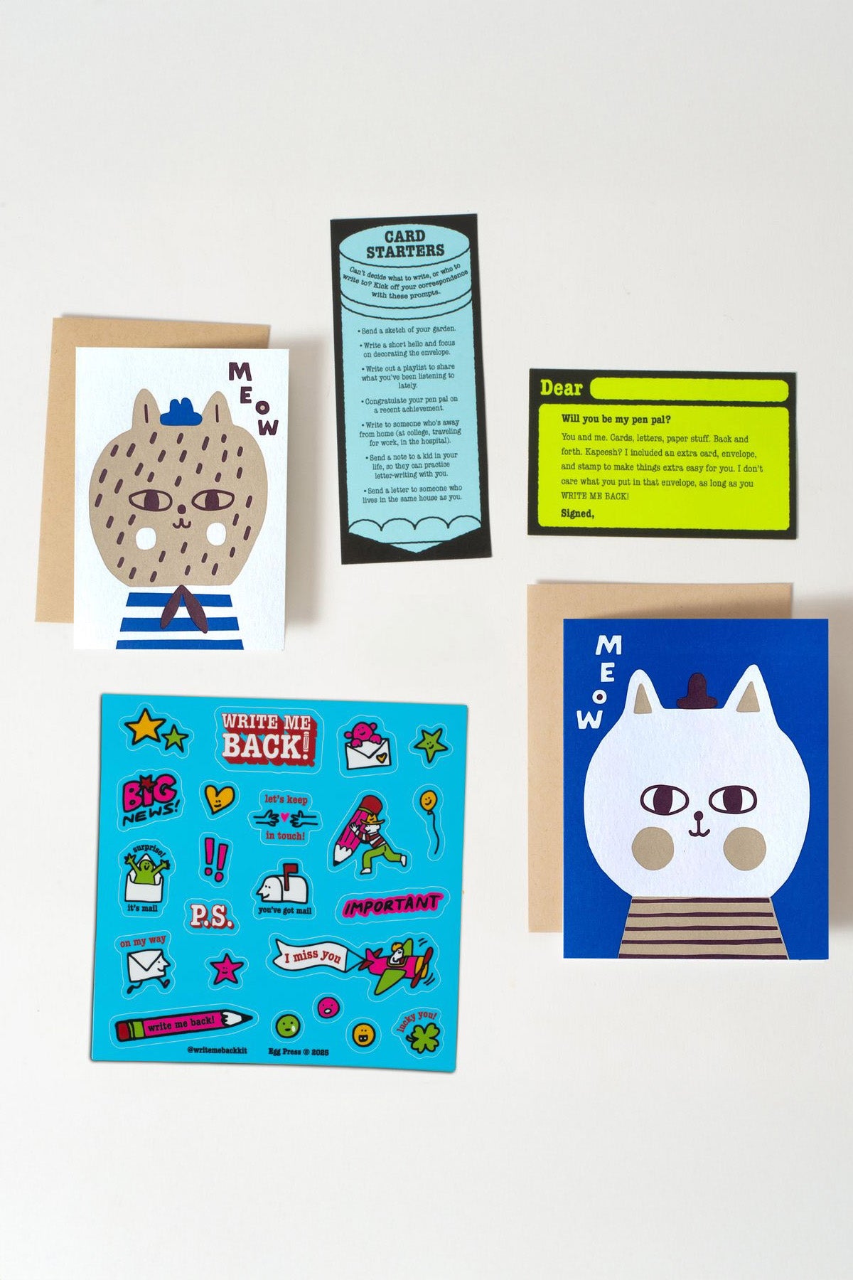 Meow Kitty Write Me Back pen pal Kit contents by Egg Press MFG at Abacus Row Handmade Jewelry
