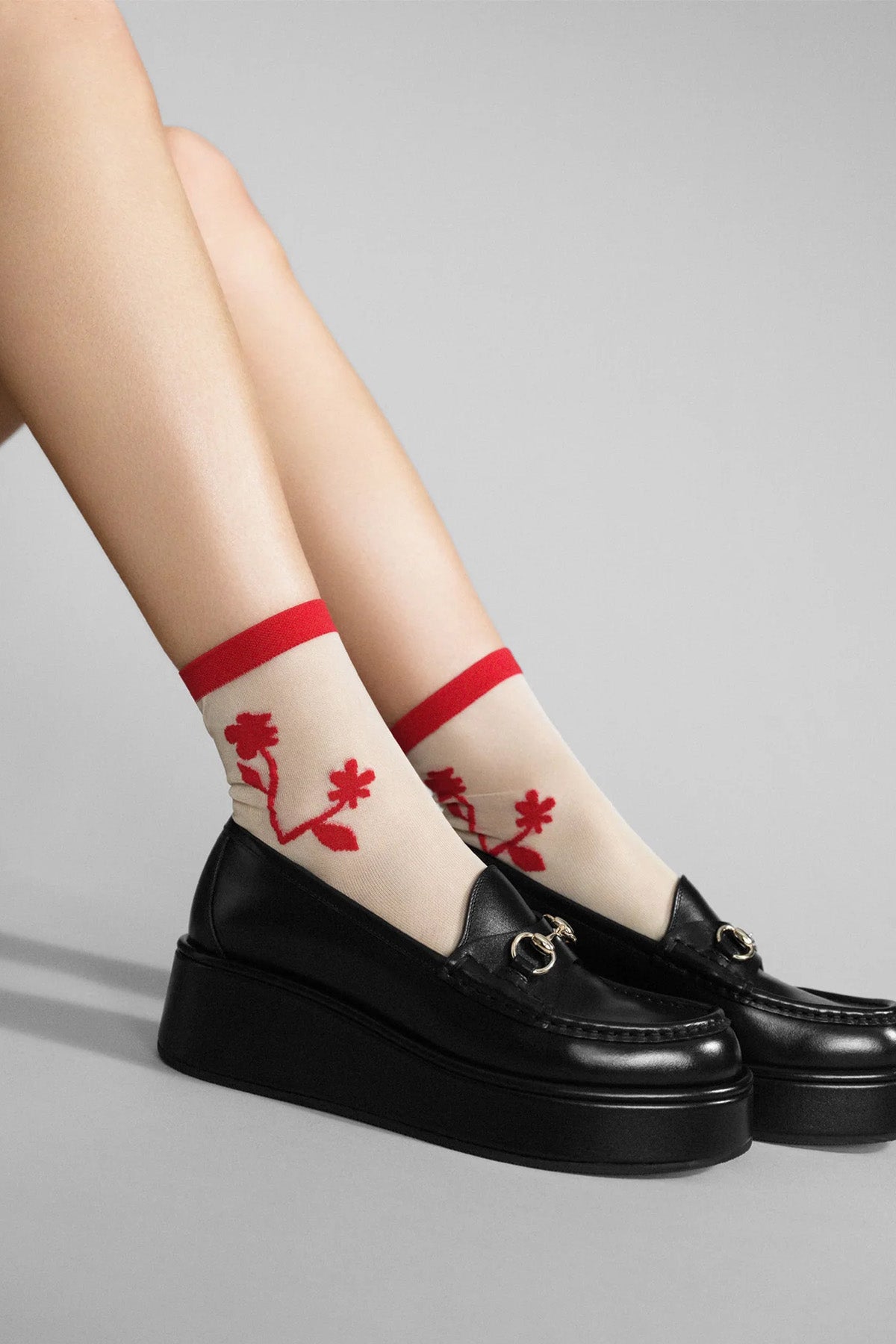 Styled Hansel from Basel Red Shadowplay Sheer Short Crew Socks at Abacus Row