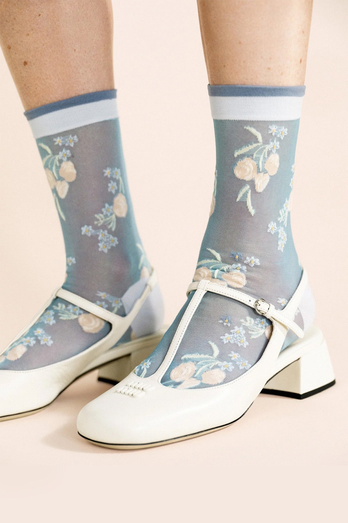 Hansel from Basel Blue Wanda Crew Socks on model at Abacus Row Handmade Jewelry