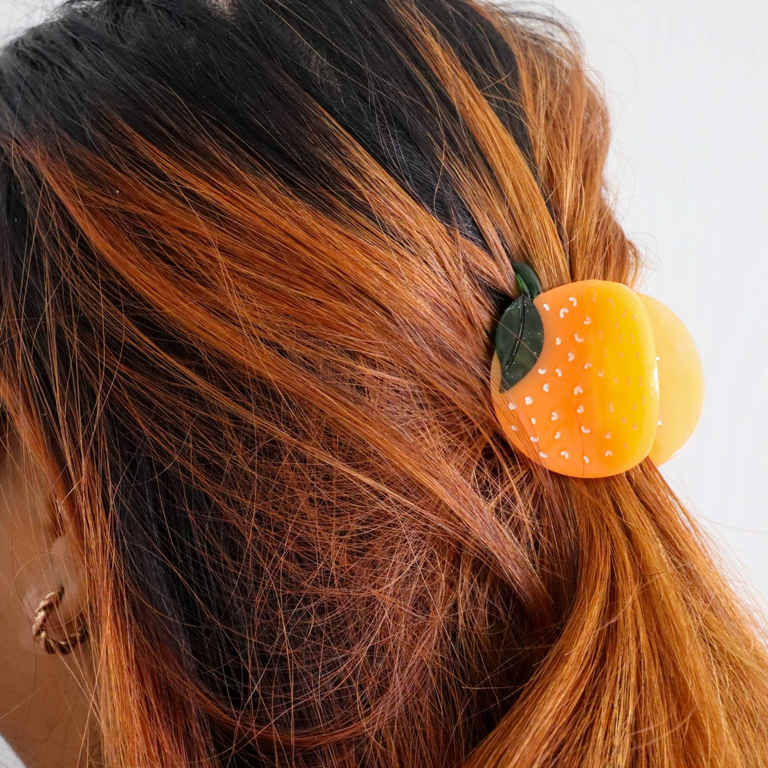 Mini Orange Hair Claw Clip by Jenny Lemons in hair at Abacus Row Jewelry