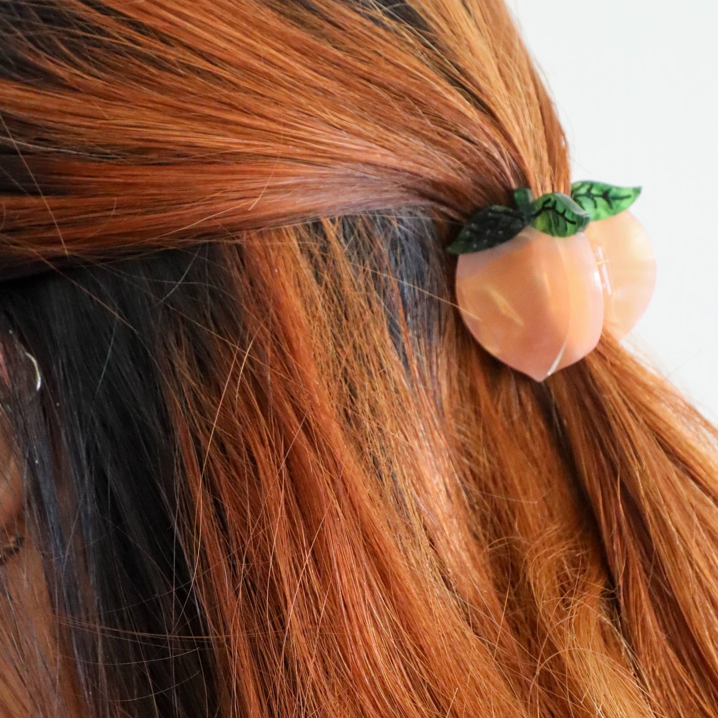 Mini Peach Hair Claw Clip by Jenny Lemons in hair at Abacus Row Jewelry