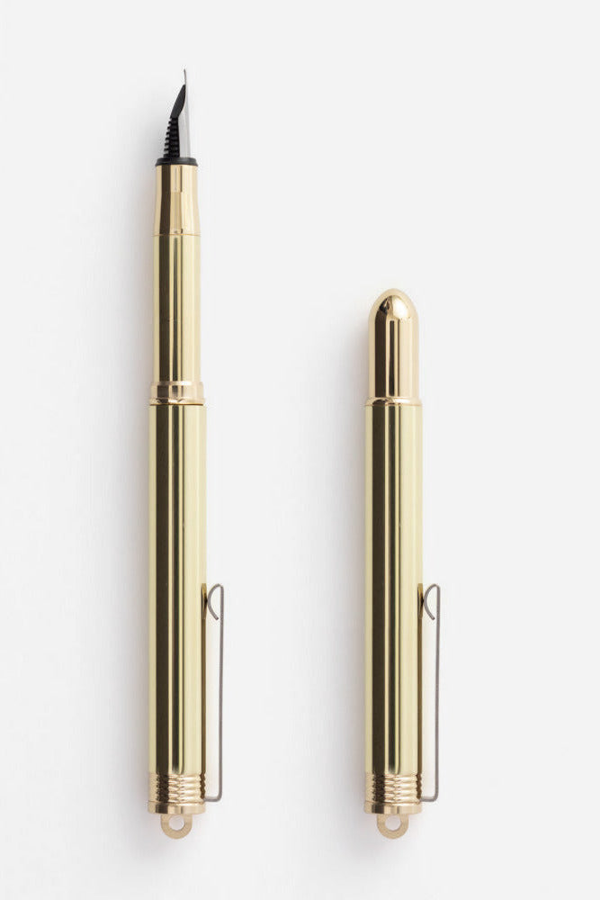 Closed and Open Brass Fountain Pen by Traveler’s Company at Abacus Row