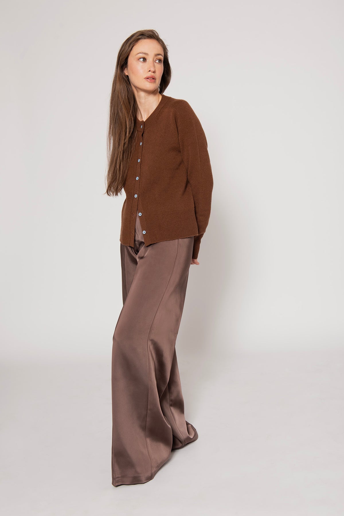 Modeled Hazelnut Brown Button Cardigan by Lao Lao at Abacus Row