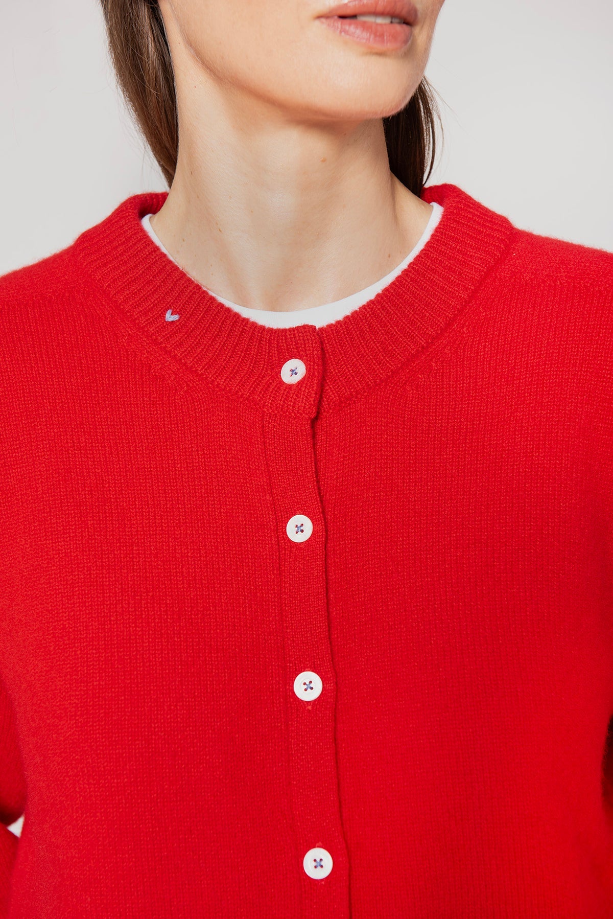 Red Rouge Button Cardigan by Lao Lao at Abacus Row