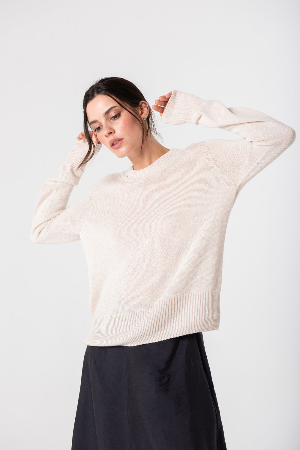 Styled of the Cream Chloe Linen Tee by Lao Lao at Abacus Row Handmade Jewelry