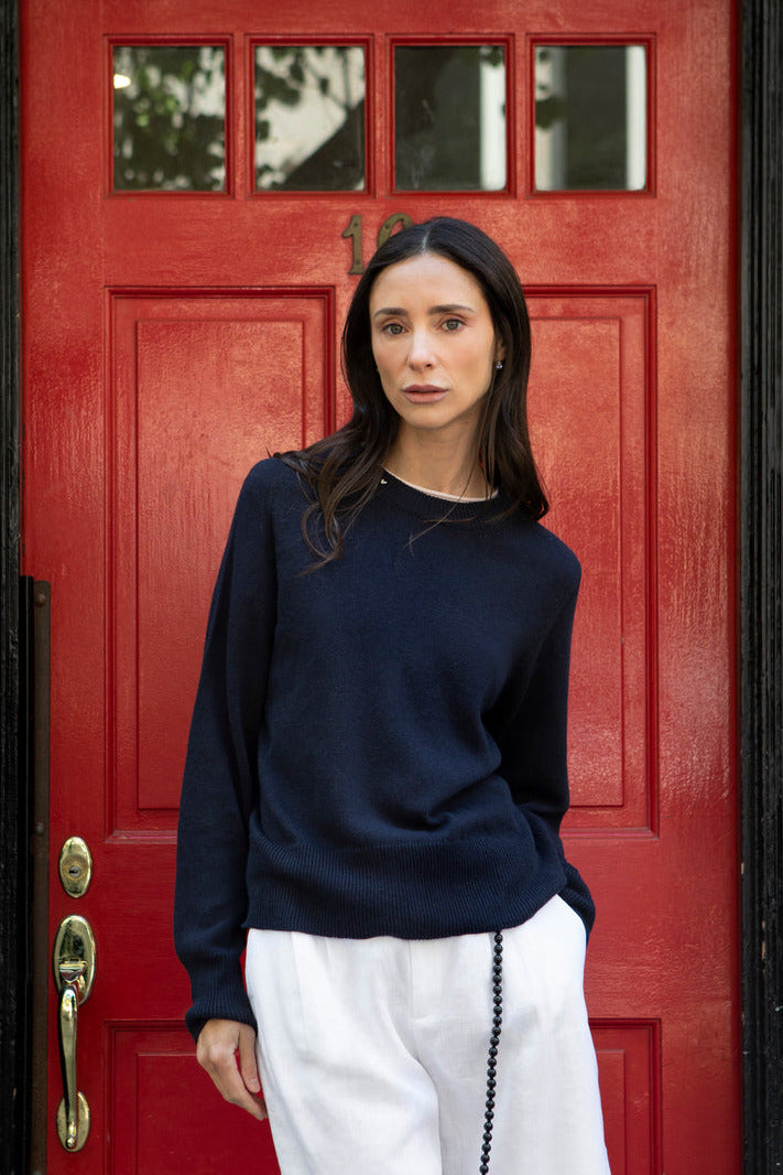 Styled Navy Chloe Linen Tee by Lao Lao at Abacus Row Handmade Jewelry
