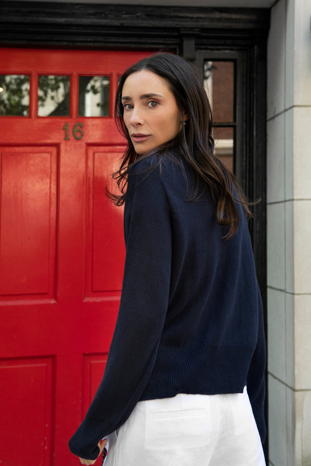 Styled Navy Chloe Linen Tee by Lao Lao at Abacus Row Jewelry