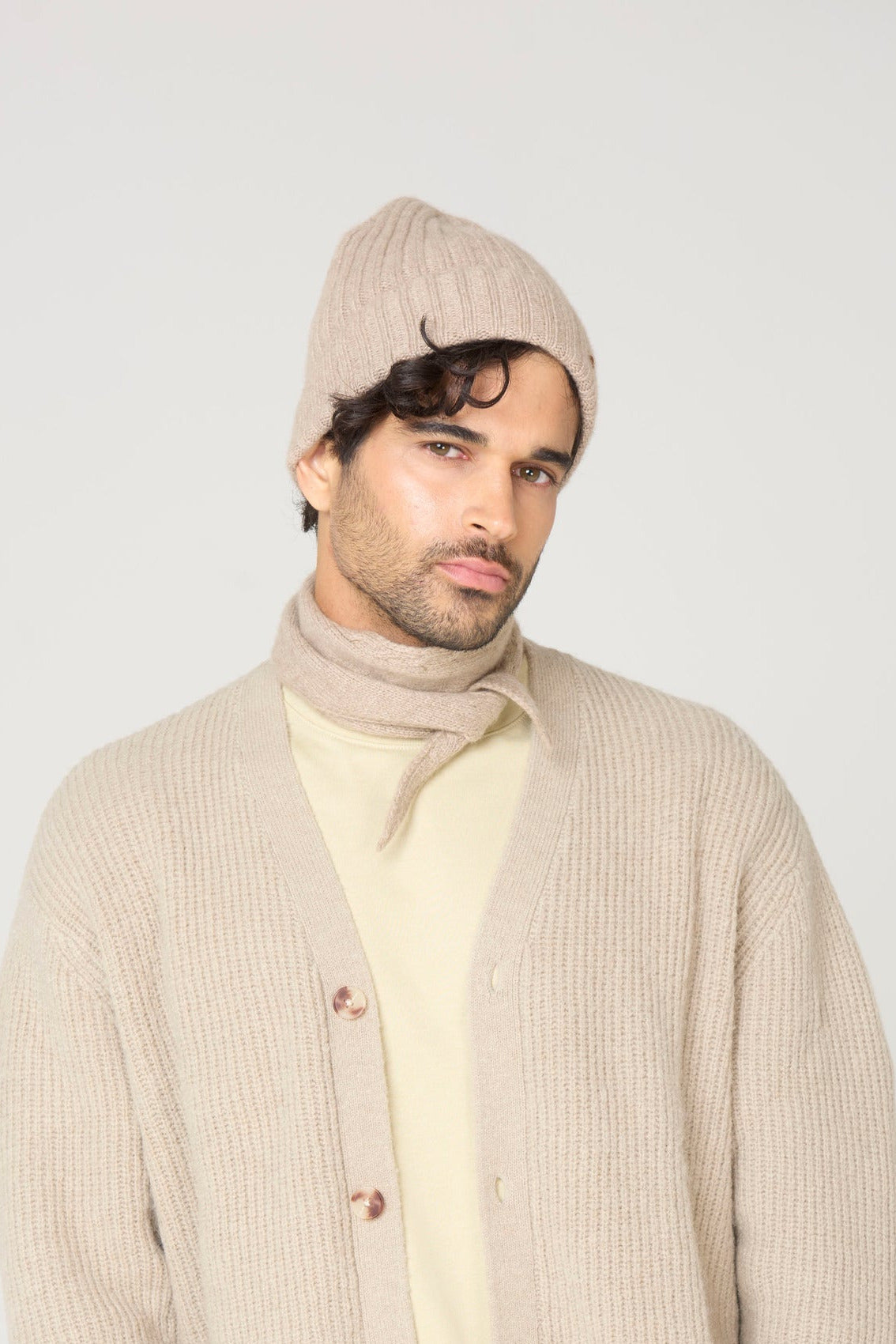 Modeled Taupe Mini Cashmere Scarf by Lao Lao at Abacus Row Handmade Jewelry