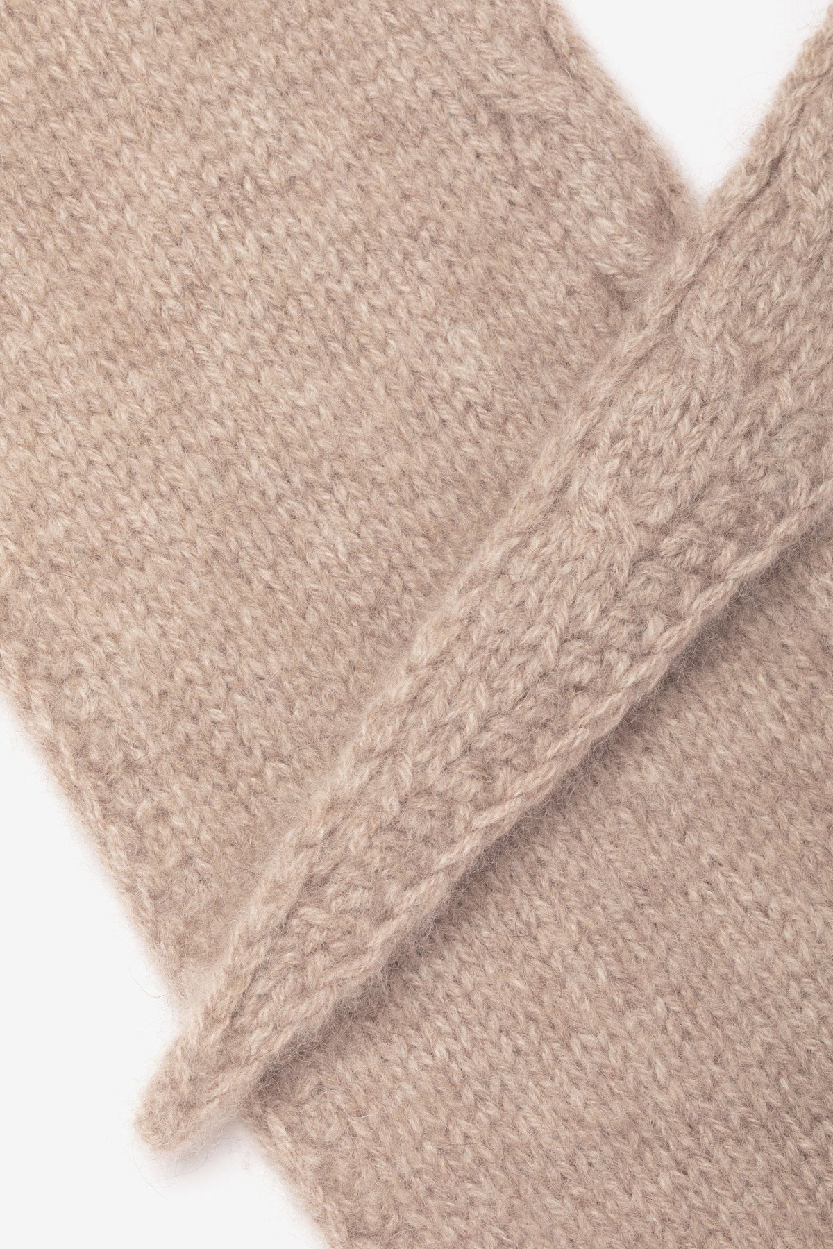 Detail of a Taupe Mini Cashmere Scarf by Lao Lao at Abacus Row Handmade Jewelry