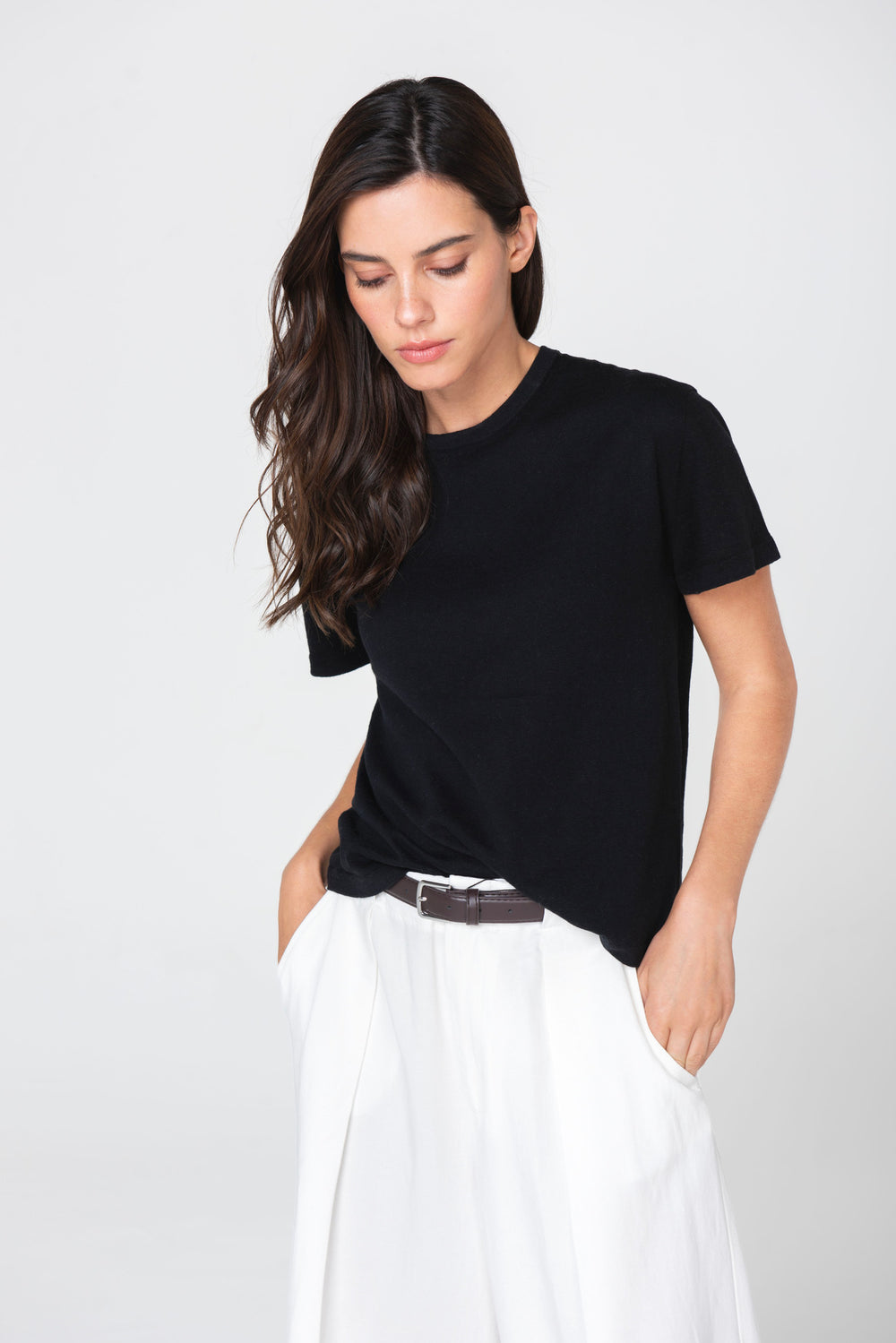 Front Styled Black Linen Tee by Lao Lao at Abacus Row Handmade Jewelry