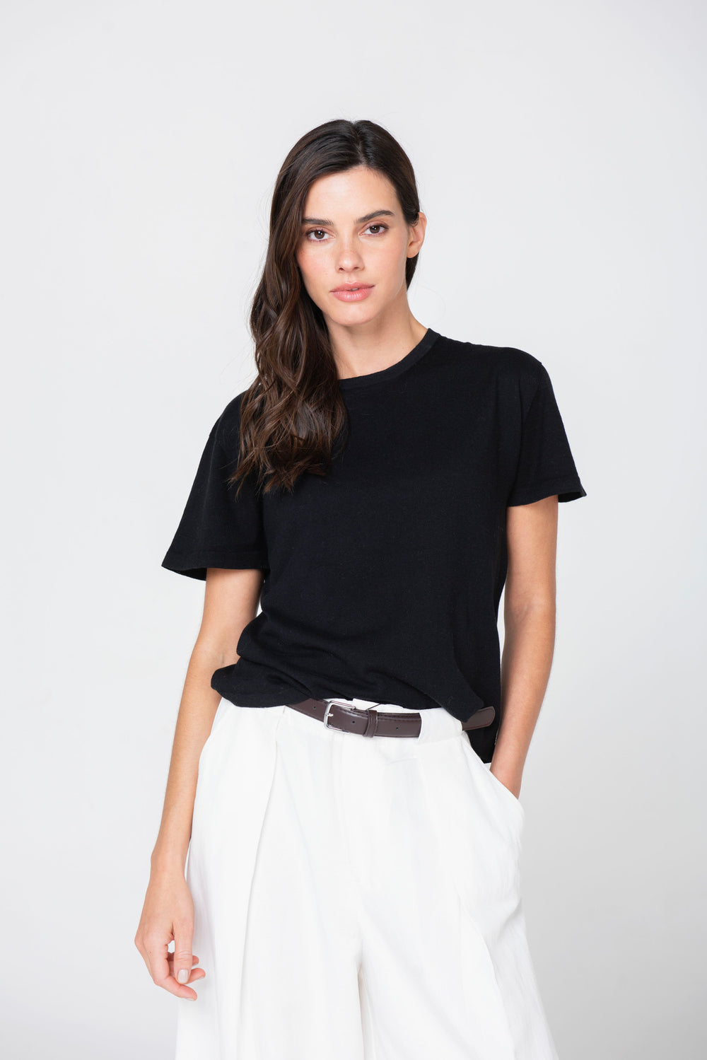 Styled Black Linen Tee by Lao Lao at Abacus Row Handmade Jewelry