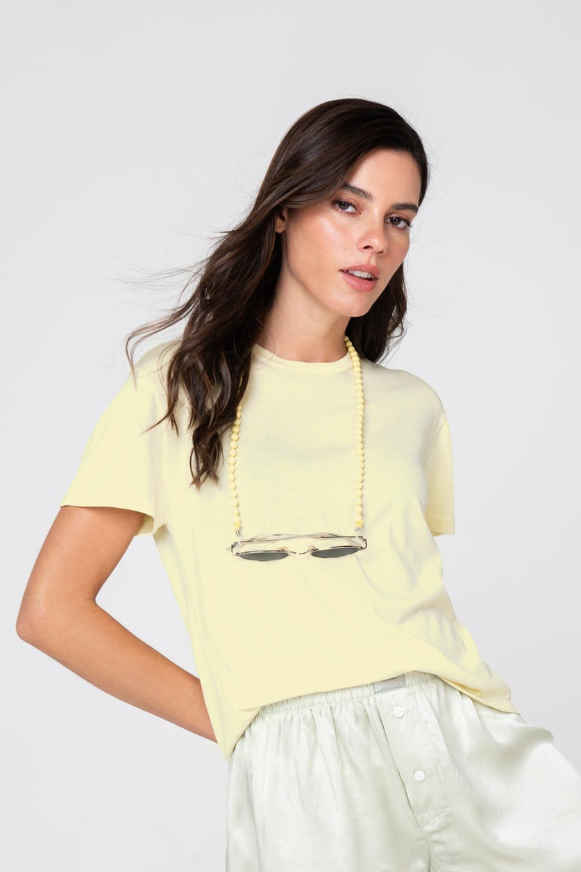 Styled Butter Yellow Silk Tee by Lao Lao at Abacus Row Handmade Jewelry