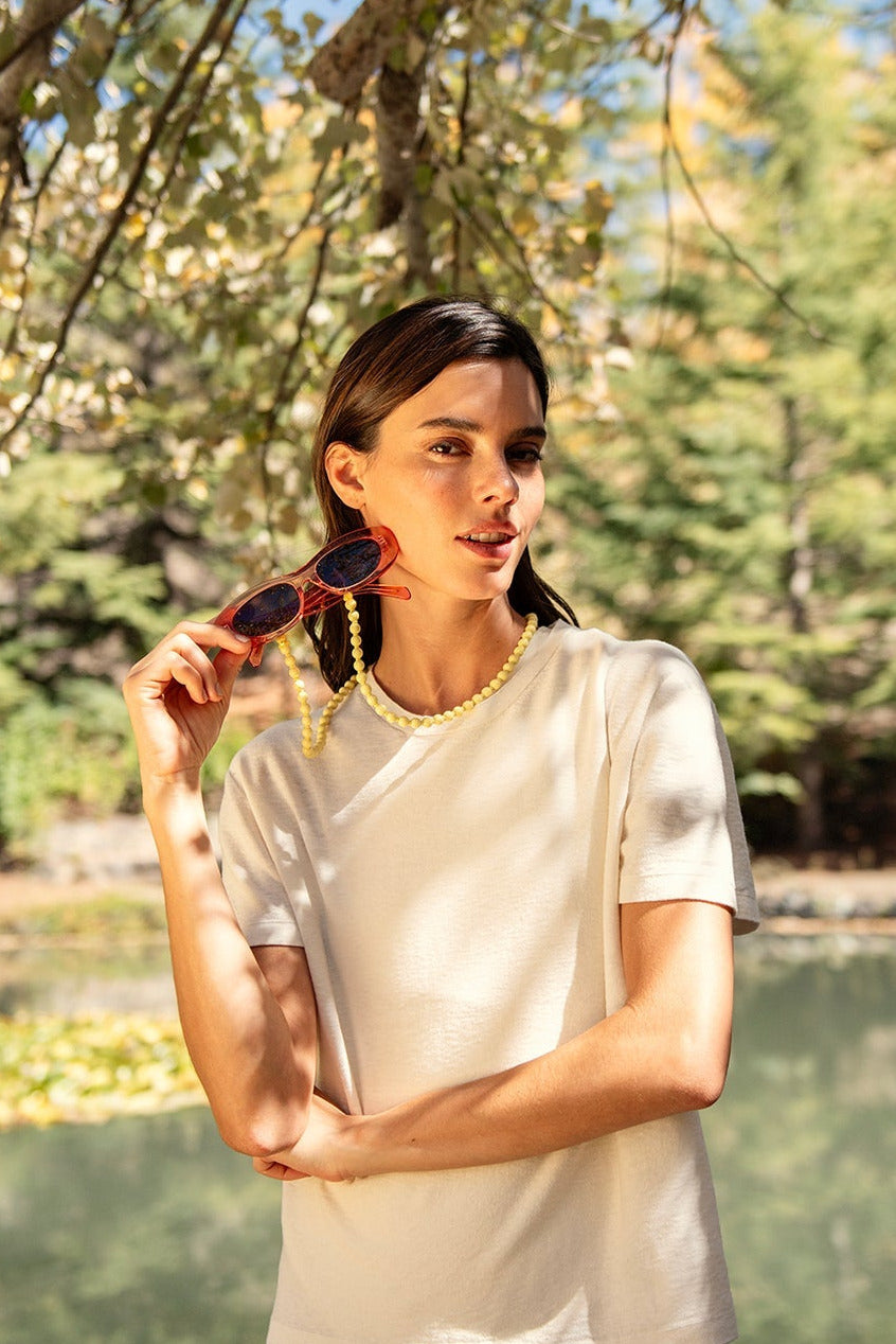 Styled Outside Ivory White Silk Tee by Lao Lao at Abacus Row Handmade Jewelry