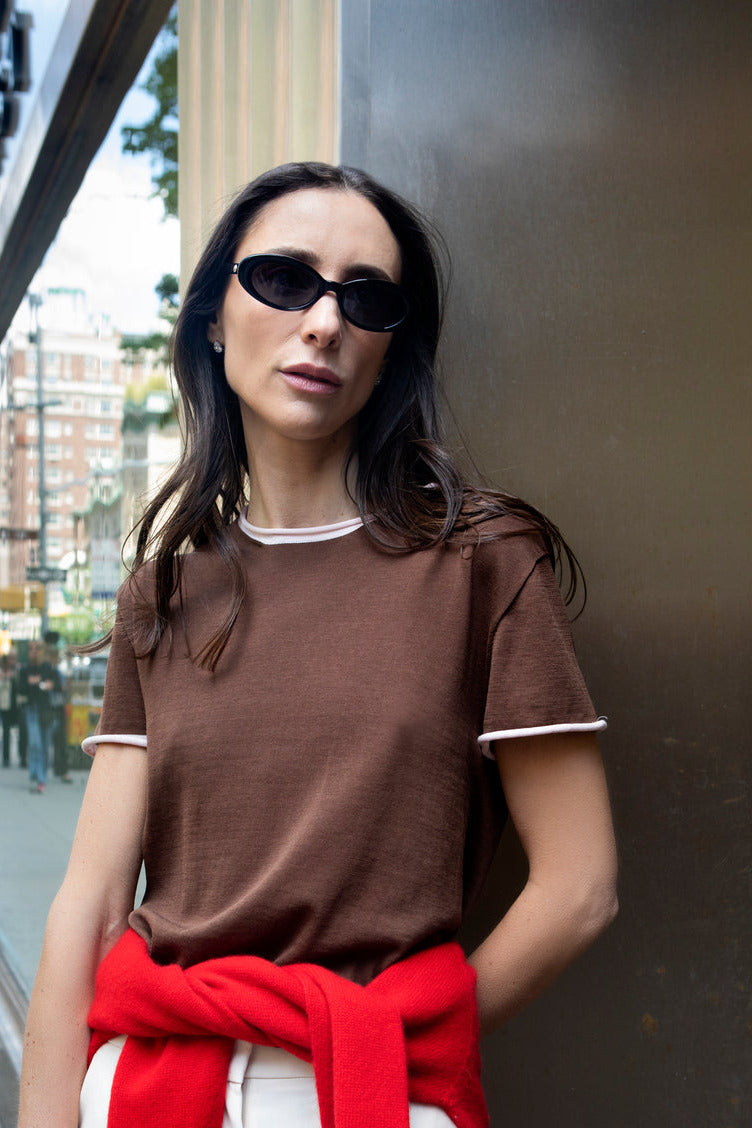Styled Chocolate Brown Silk Roll-Edge Tee by Lao Lao at Abacus Row