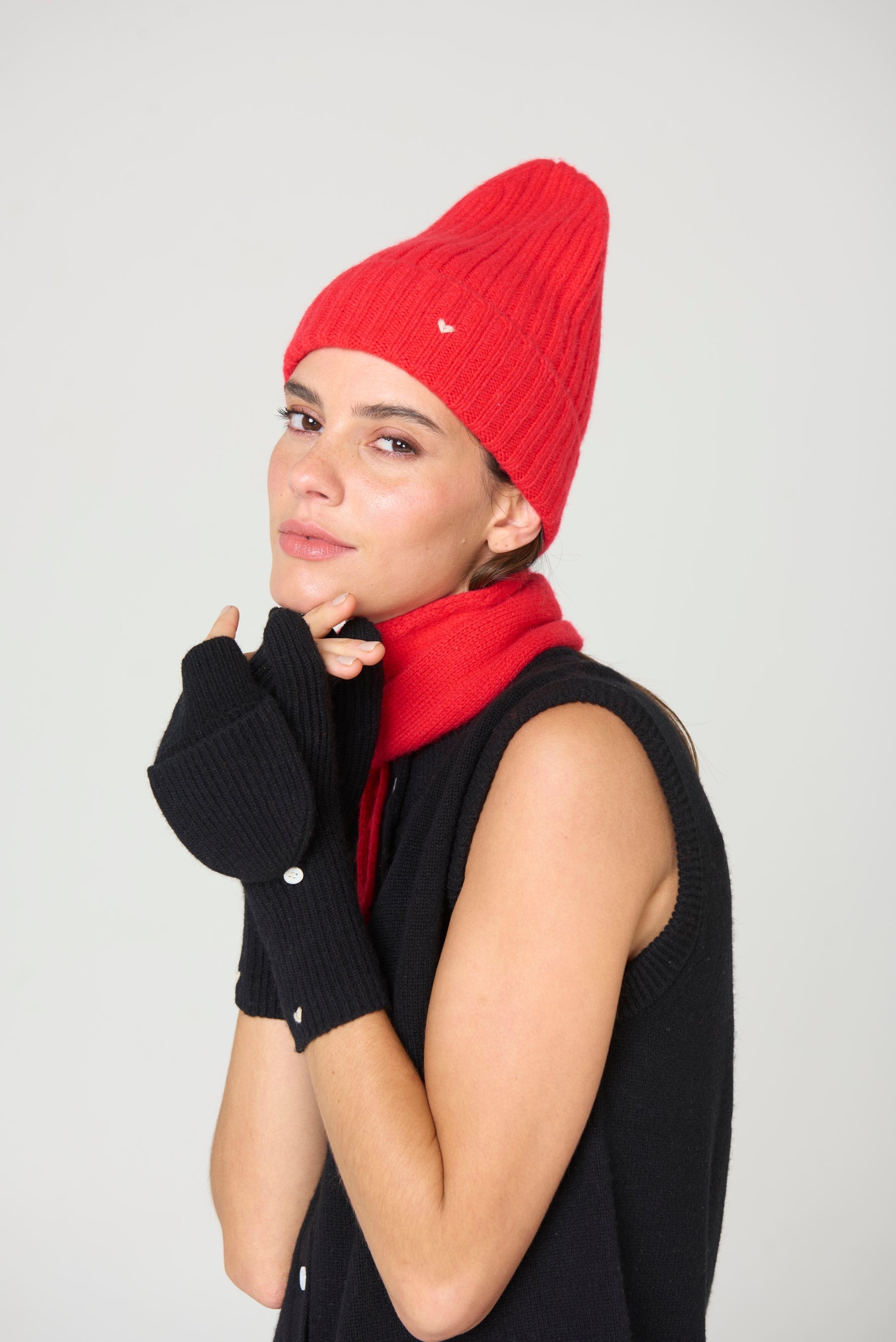 Styled Scarlet Red Rib Beanie by Lao Lao at Abacus Row Handmade Jewelry