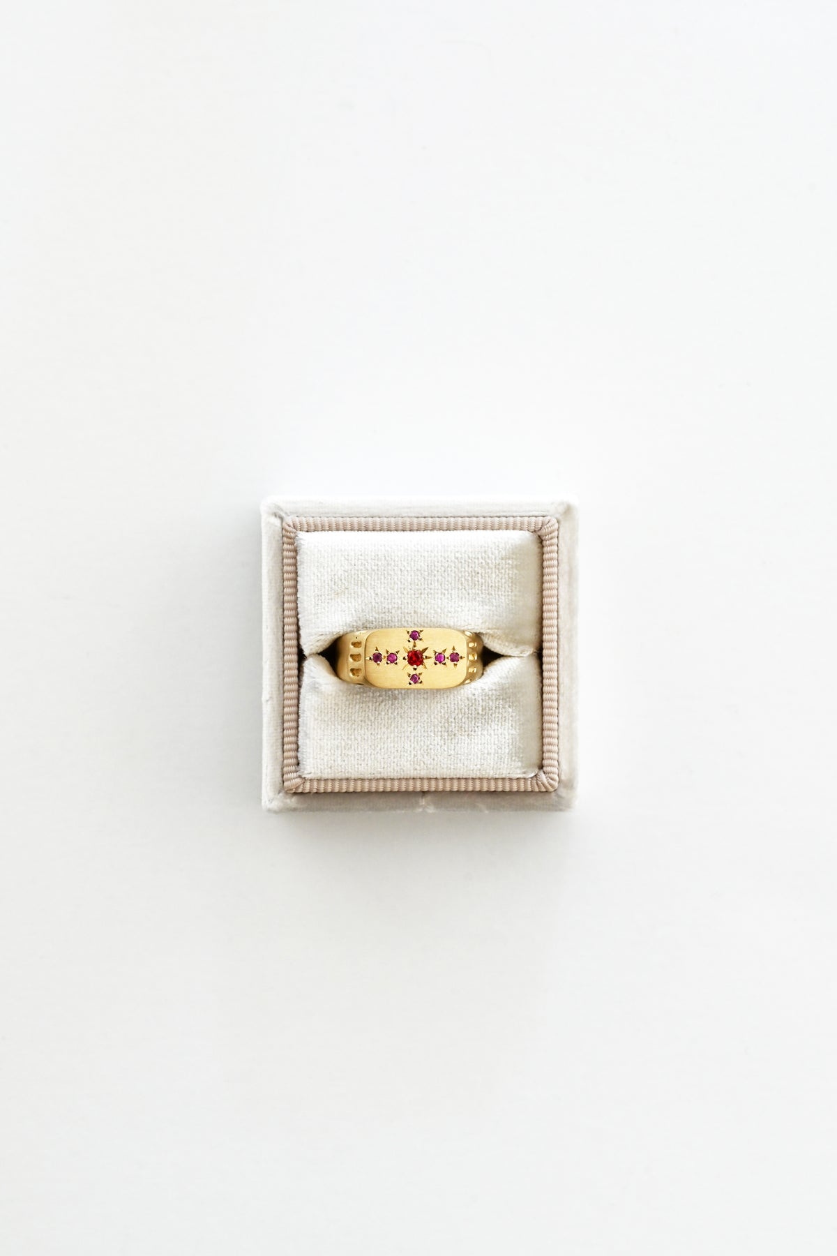Boxed Red and Pink Eternal Light Signet Ring by LINN at Abacus Row Handmade Jewelry