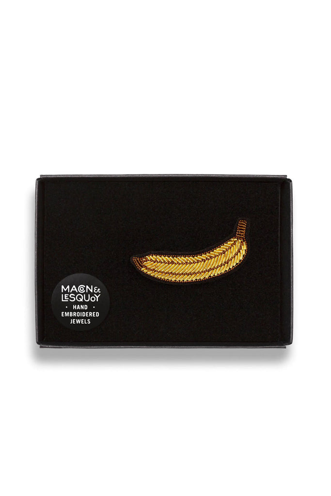 Banana Brooch in box by Macon et Lesquoy at Abacus Row Handmade Jewelry