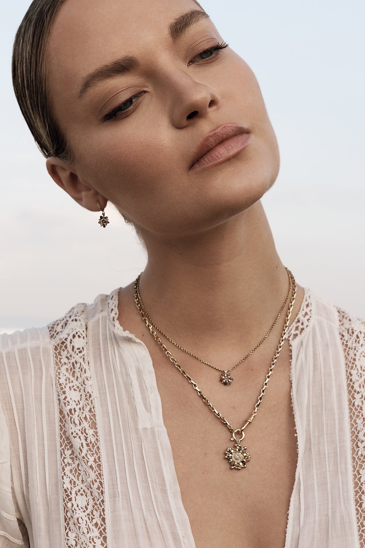 No.980 Gold Earrings and No.976 Gold Brown Caramel Necklace by Marie Laure Chamorel at Abacus Row