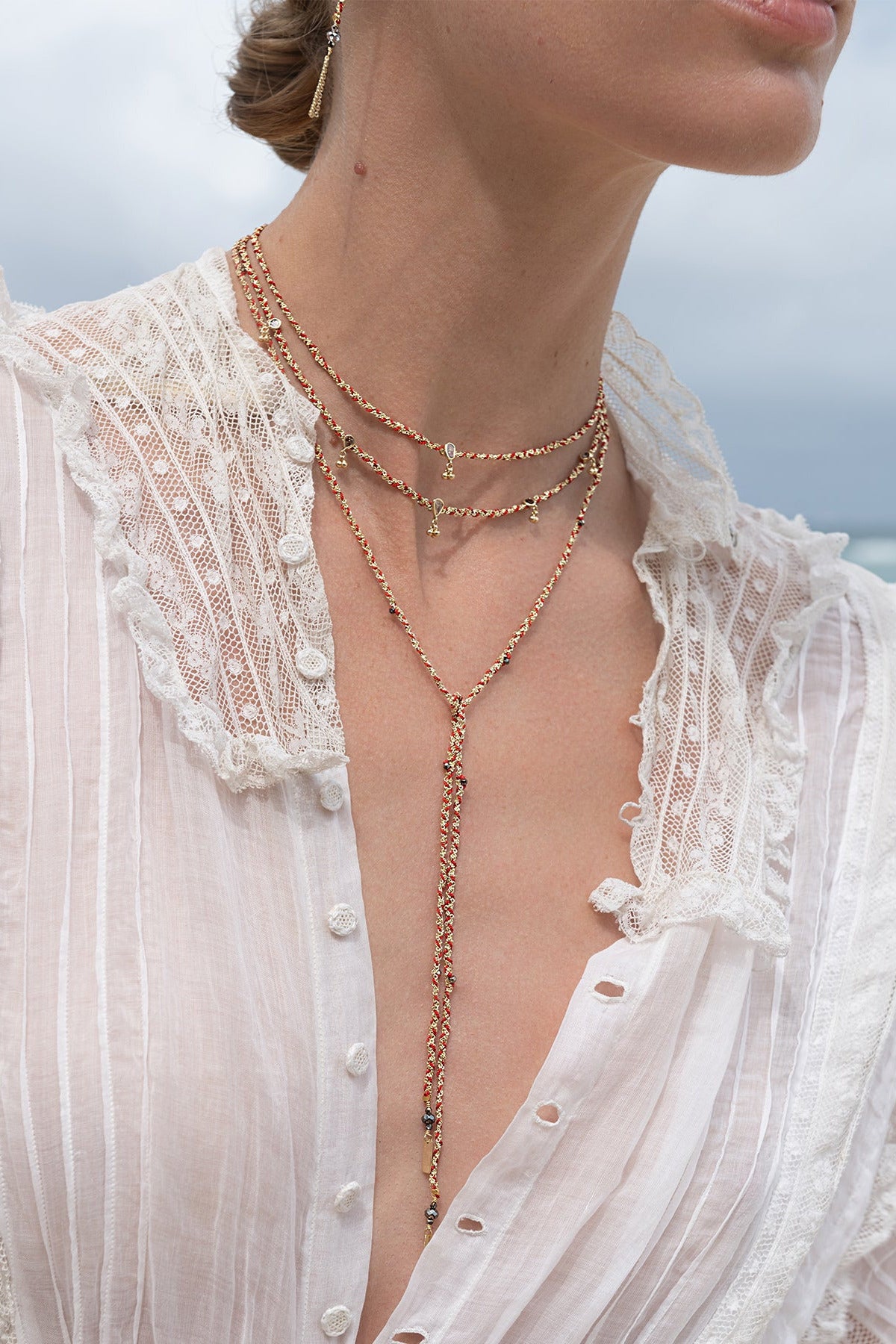 Modeled No.182 Red Necklace close up by Marie Laure Chamorel at Abacus Row Handmade Jewelry