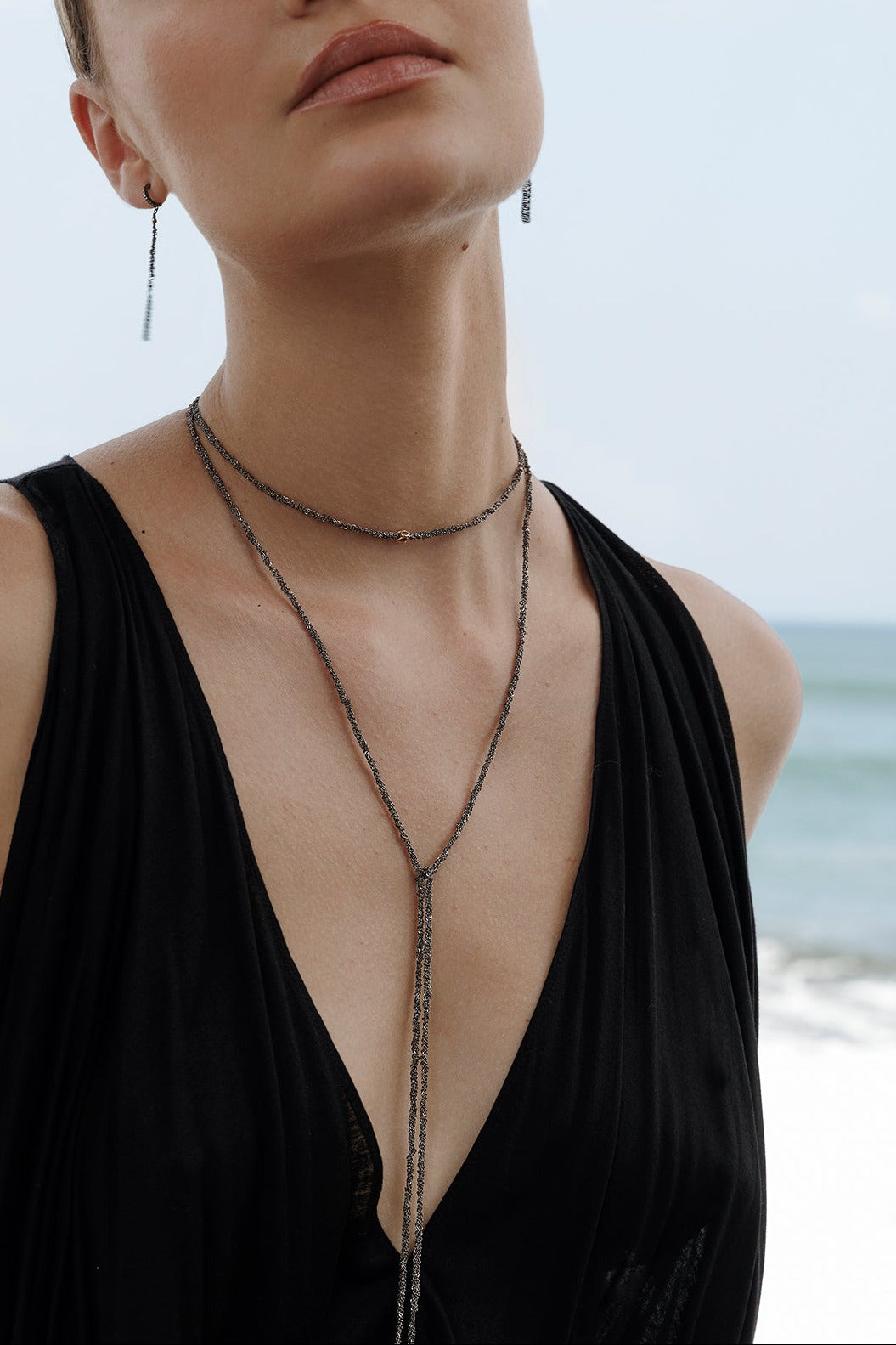 No.960 Ruthenium Necklace on model by Marie Laure Chamorel at Abacus Row Handmade Jewelry