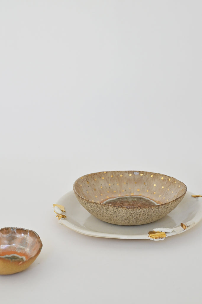 Medium Iceland Northern Lights Bowl ans Sakura Plate by Minh Singer at Abacus Row Handmade Jewelry