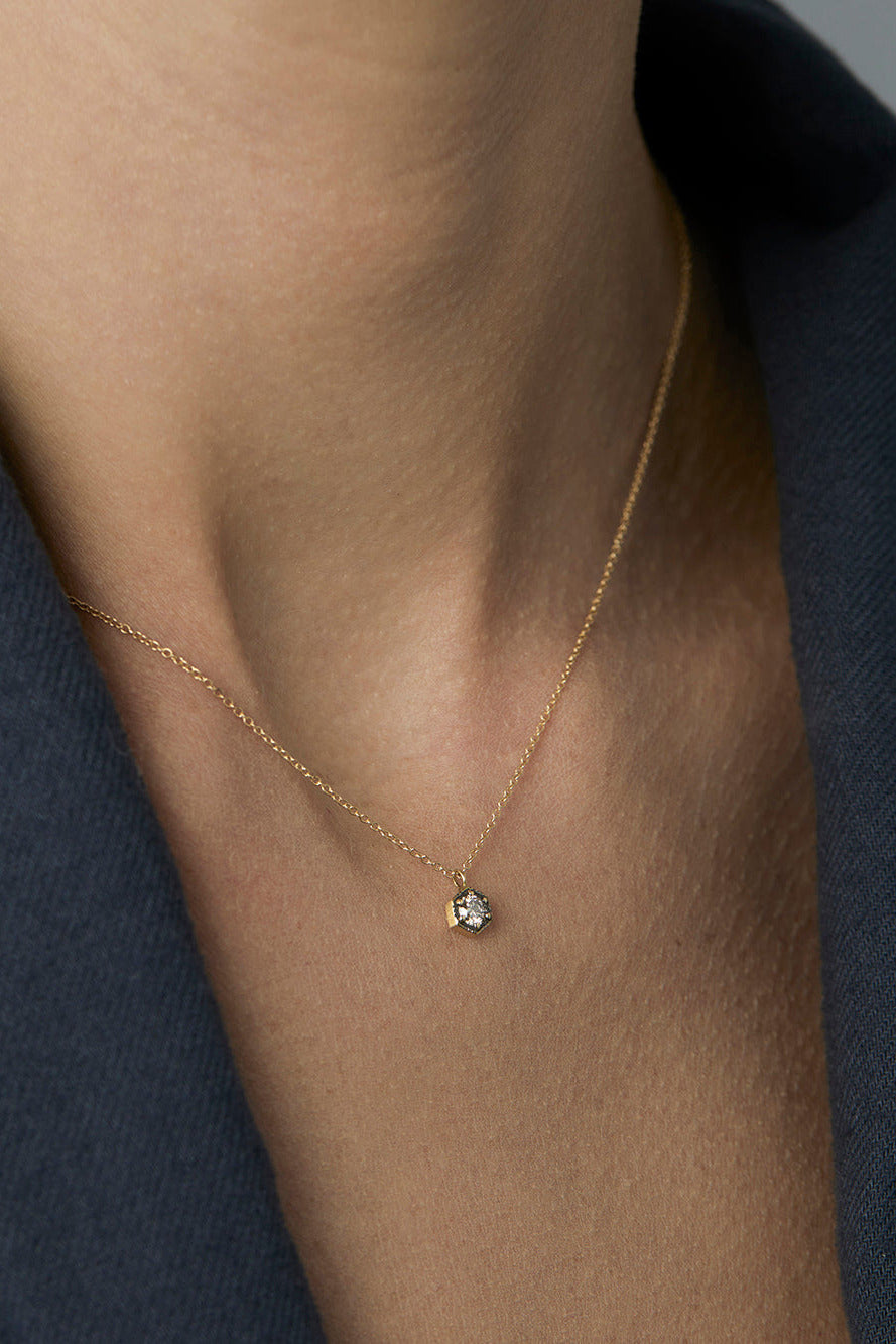 Modeled Brown Diamond Hexagon Necklace by Satomi Kawakita at Abacus Row Jewelry