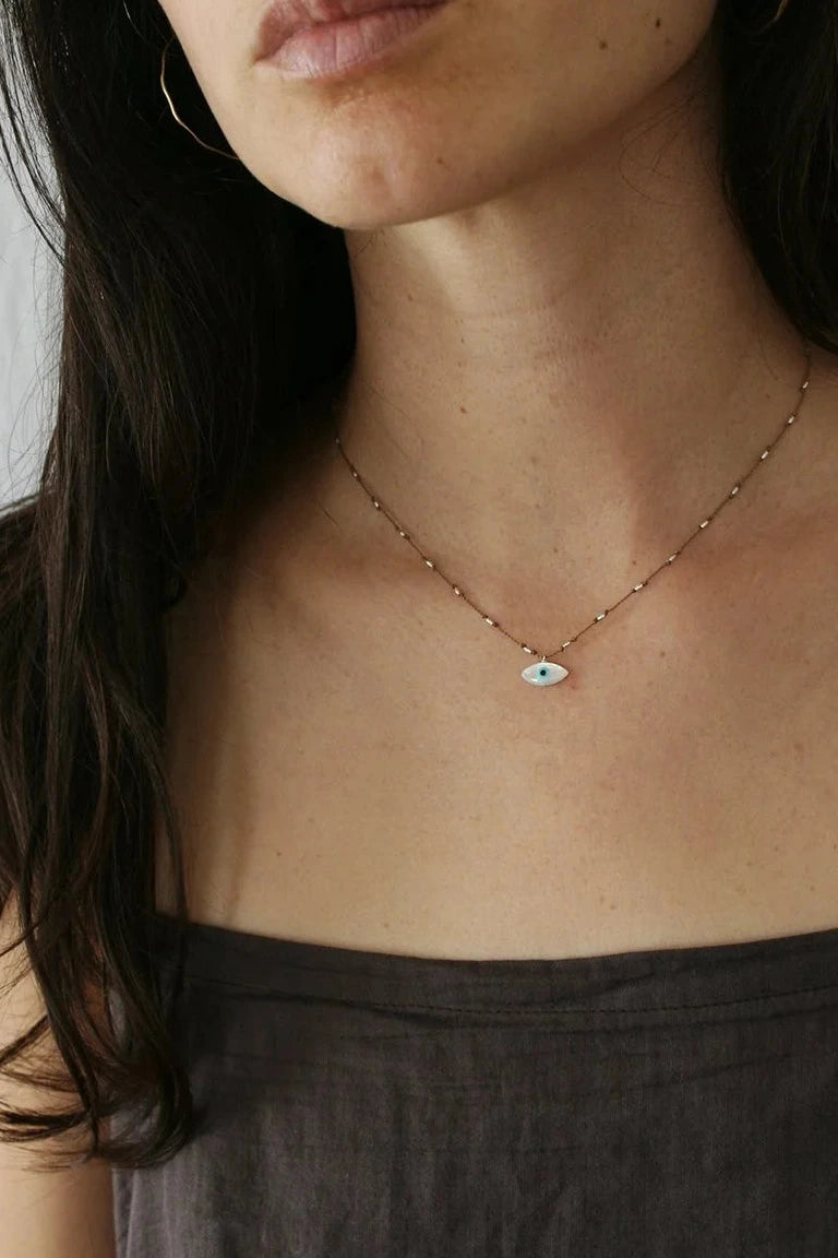 Evil Eye Necklace on Model by See Real Flowers at Abacus Row Jewelry