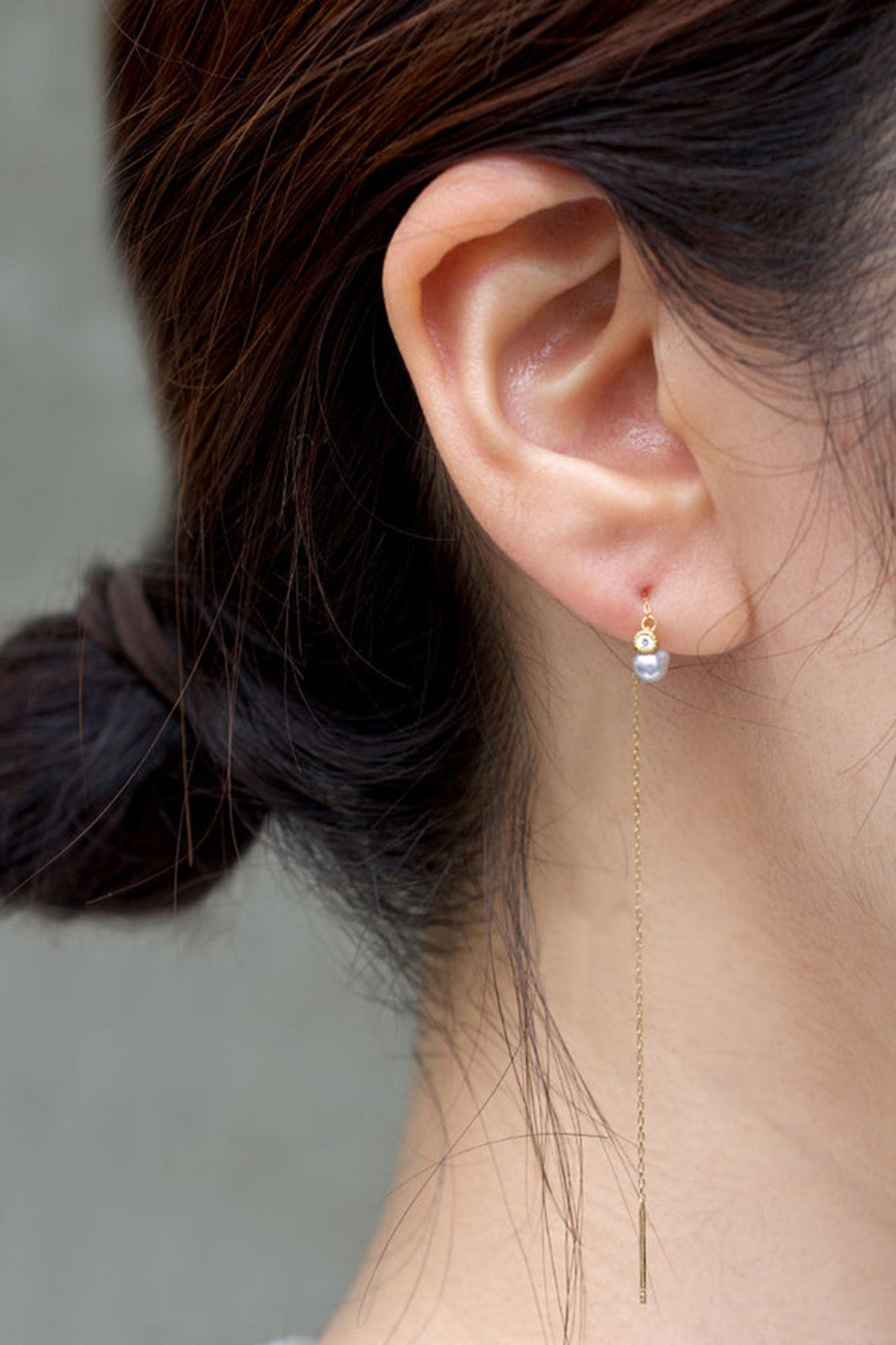 Modeled Baby Akoya Pearl Diamond Chain Earrings by Shinkai at Abacus Row Handmade Jewelry